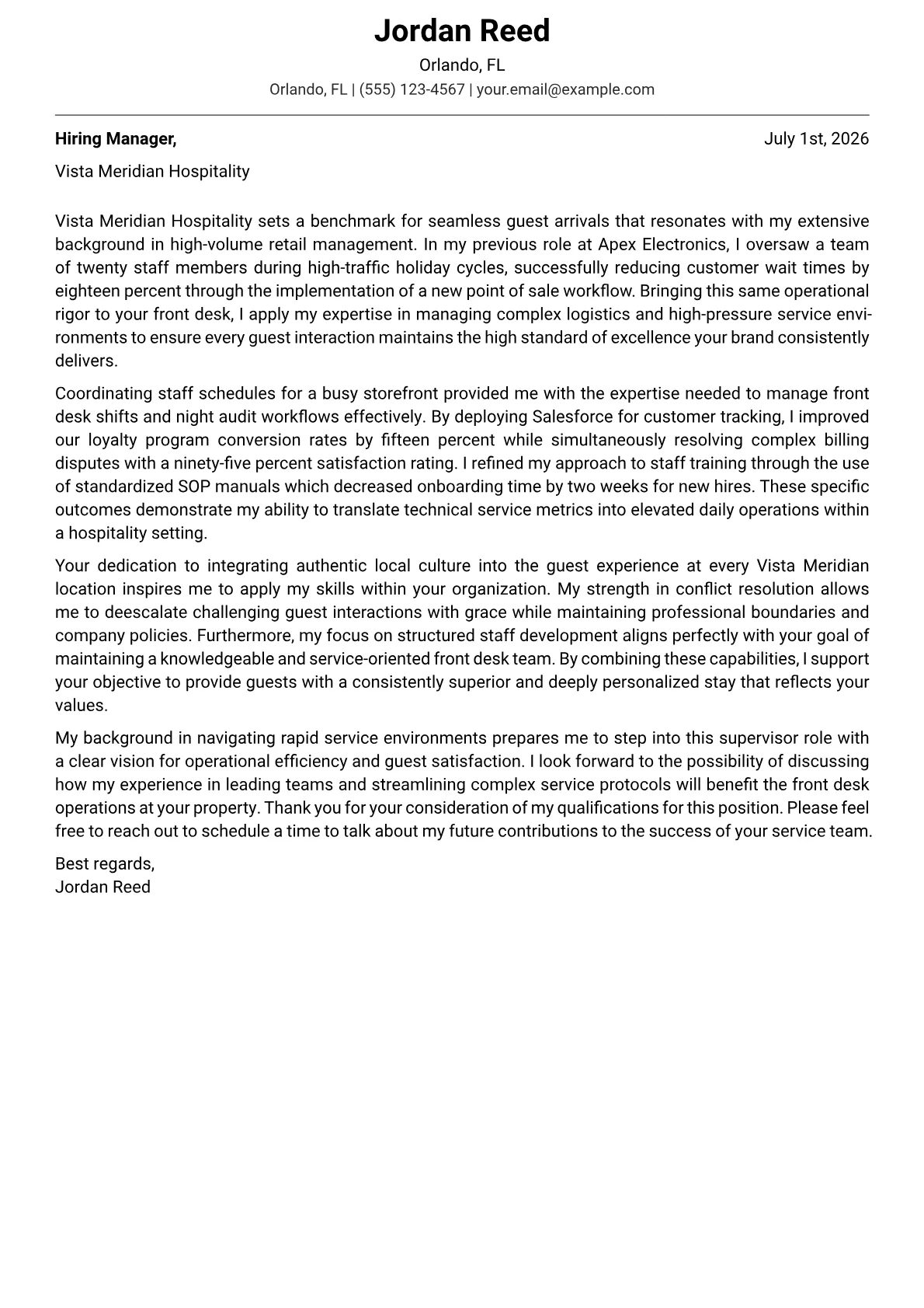 Front Desk Supervisor cover letter in the Modern design