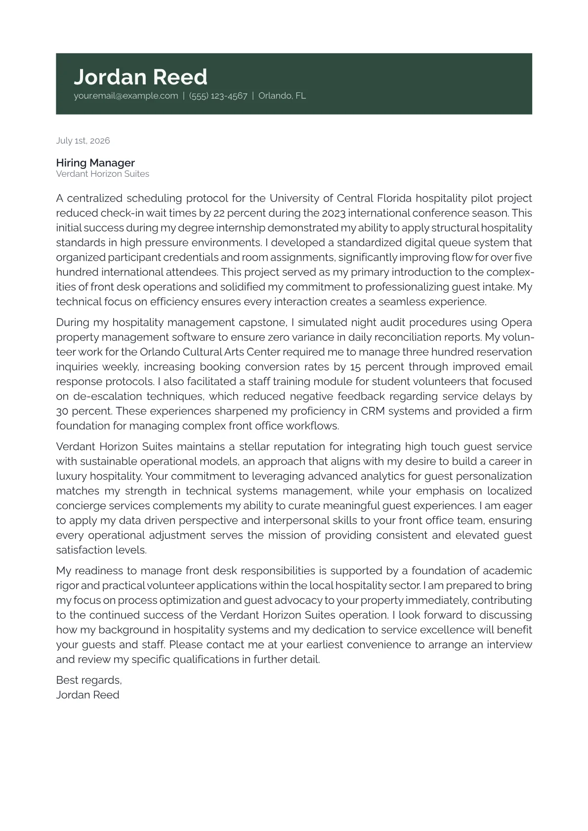 Front Desk Supervisor cover letter in the Banner design