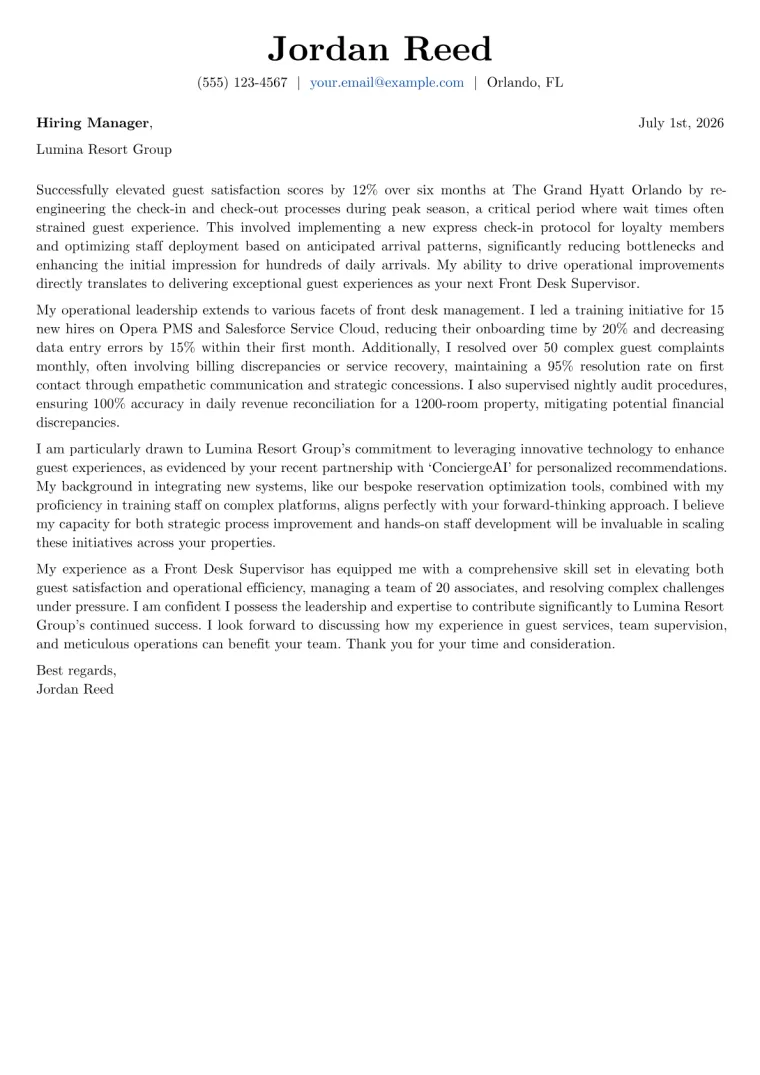 Front Desk Supervisor cover letter example preview