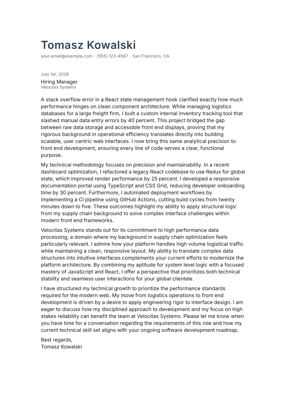 Front End Developer cover letter in the Minimal design