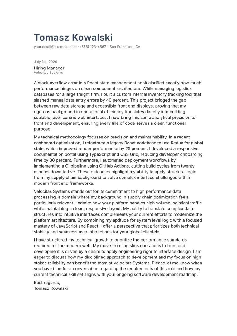 Front End Developer cover letter for a career changer