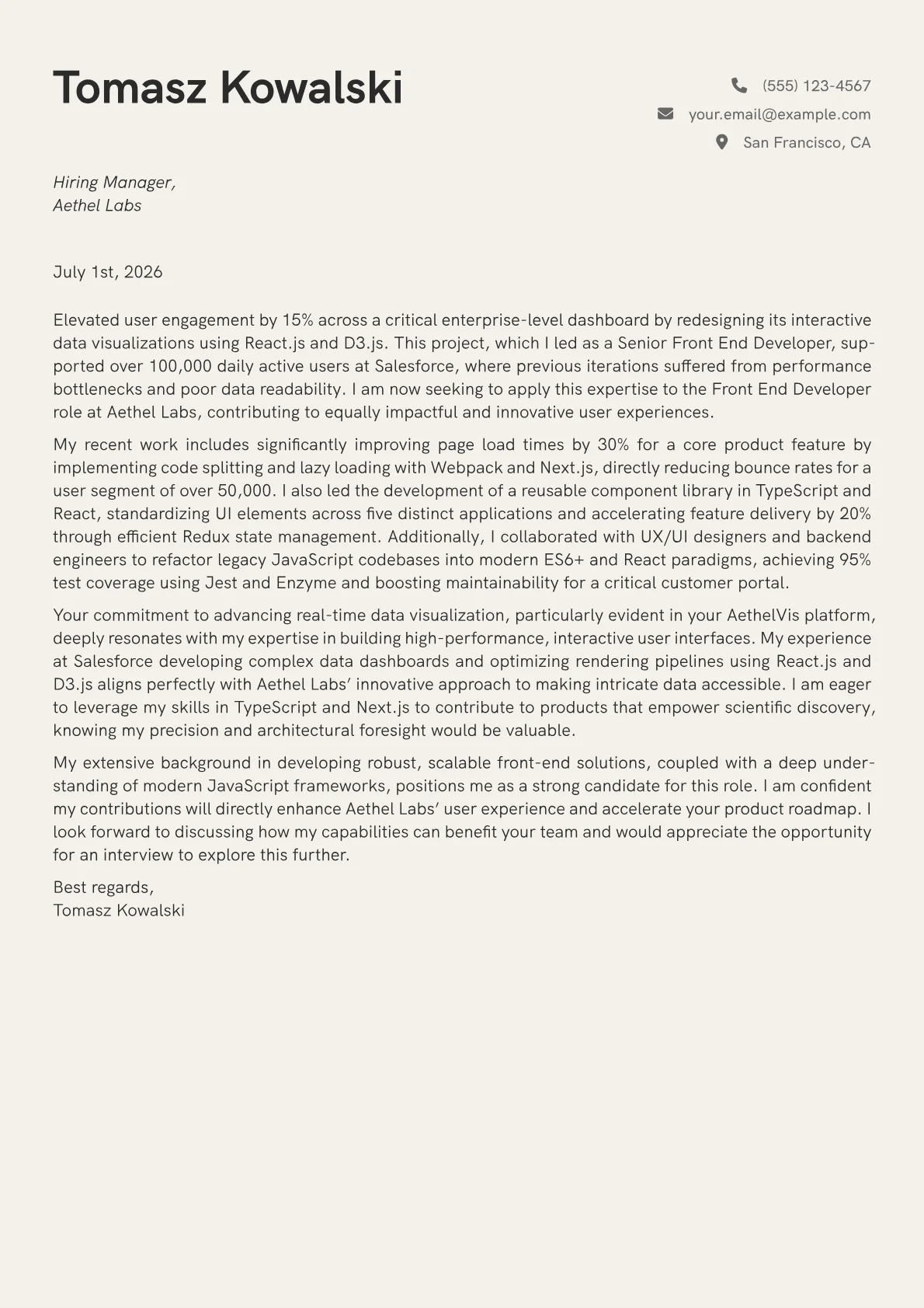 Front End Developer cover letter formatted with a JobSprout template