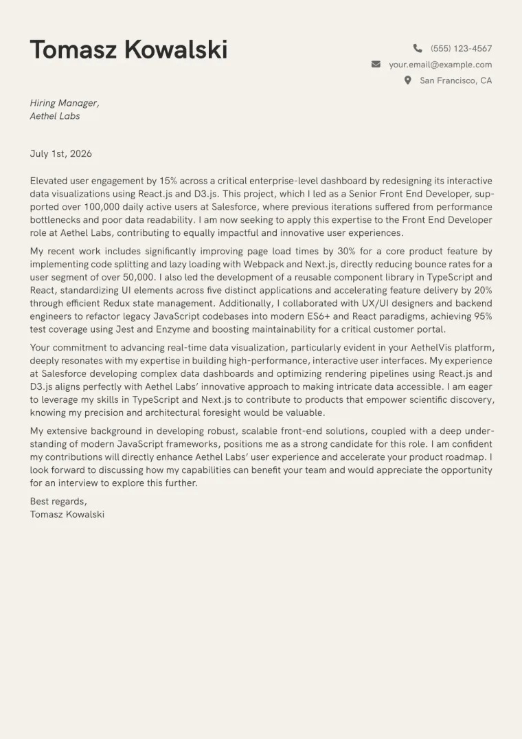 Front End Developer Cover Letter Example