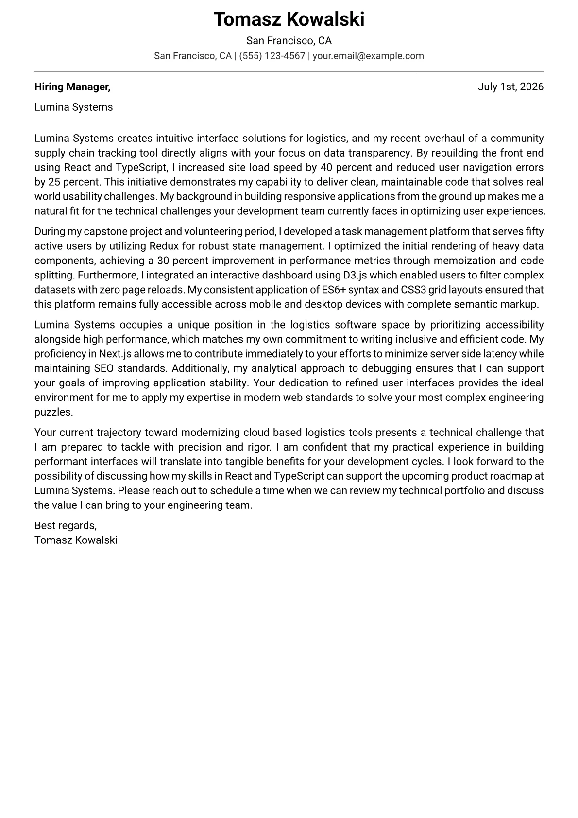 Front End Developer cover letter in the Modern design