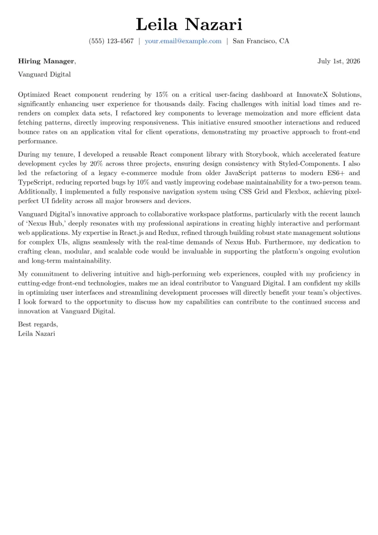 Front End Web Developer Cover Letter Example