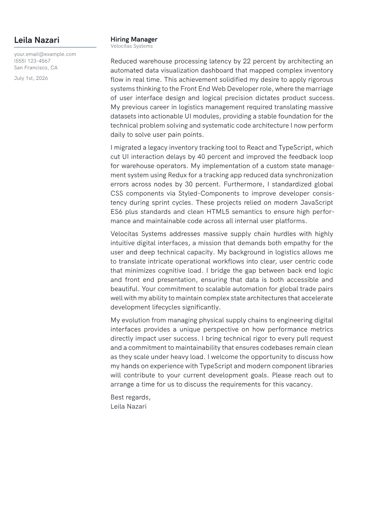 Front End Web Developer cover letter in the Margin design