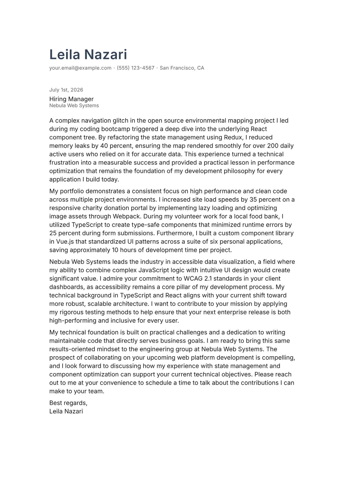 Front End Web Developer cover letter in the Minimal design