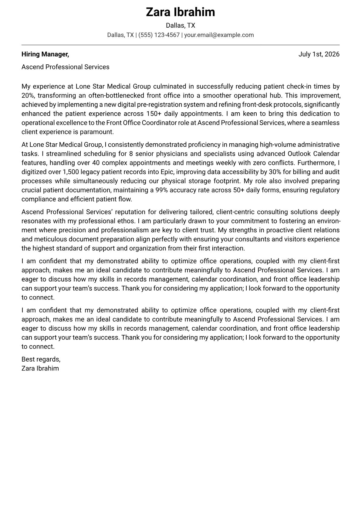 Front Office Coordinator cover letter formatted with a JobSprout template