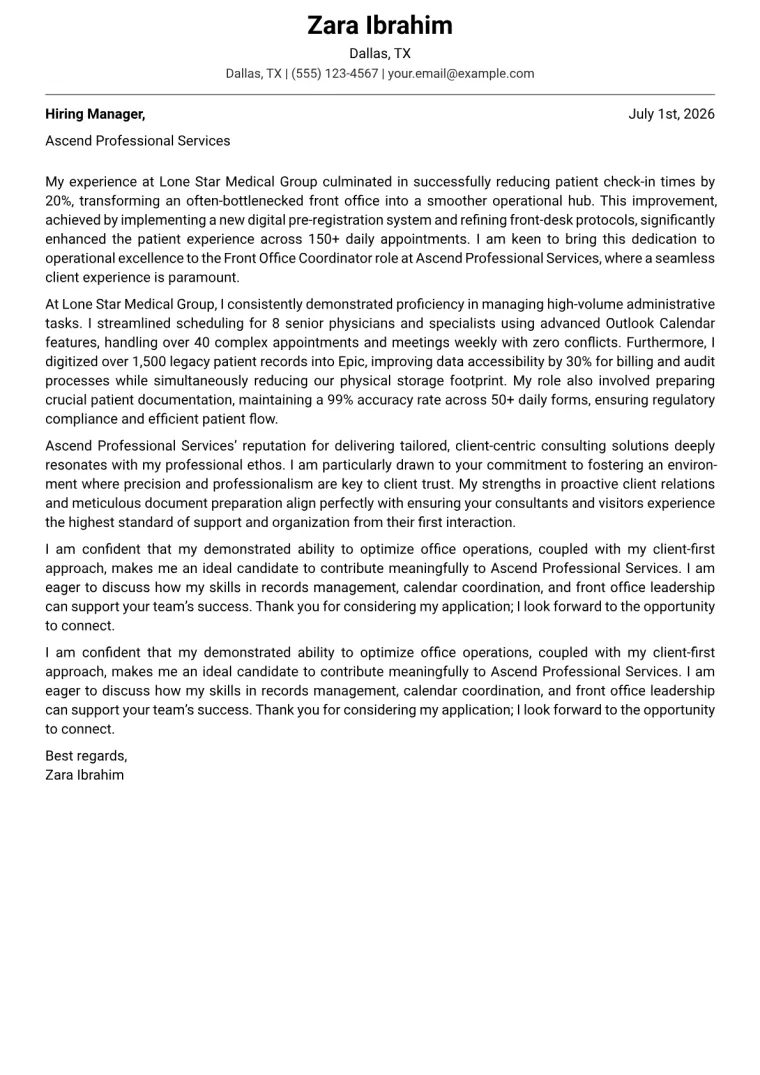 Front Office Coordinator cover letter example preview