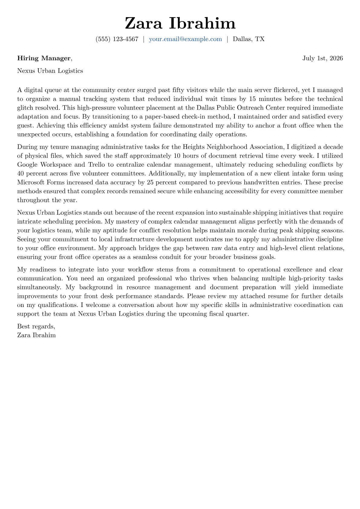 Front Office Coordinator cover letter in the Basic design