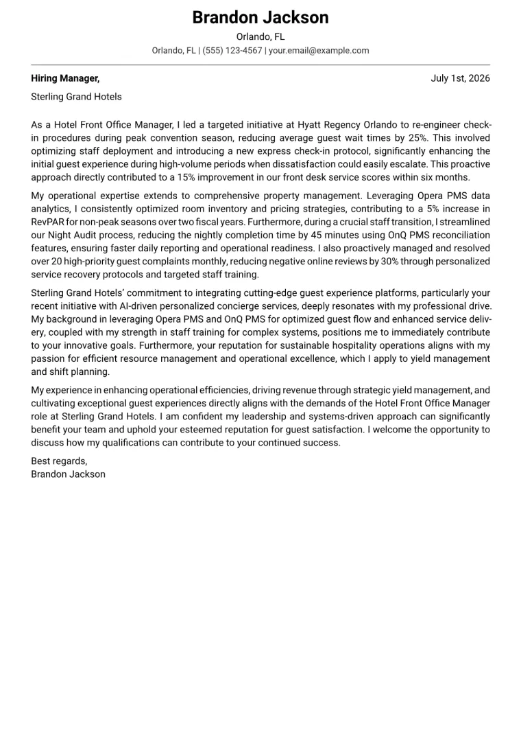 Hotel Front Office Manager cover letter example preview