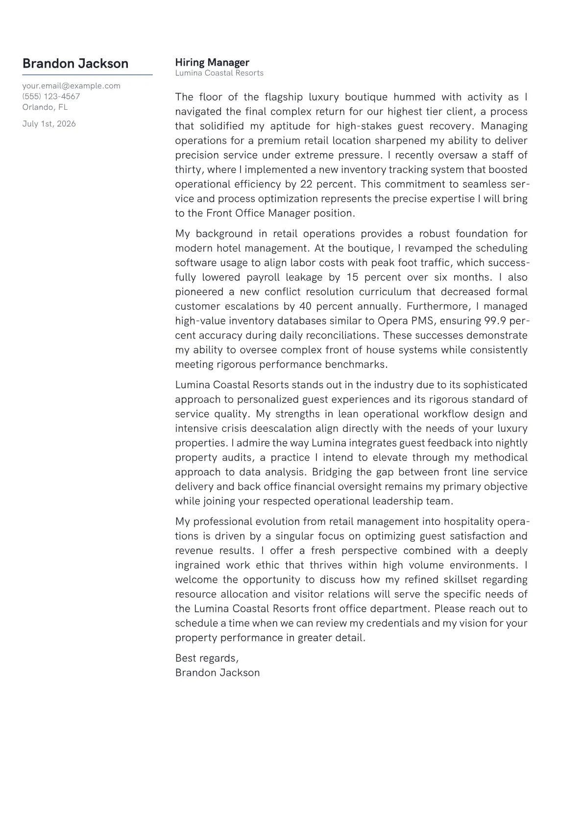 Hotel Front Office Manager cover letter in the Margin design