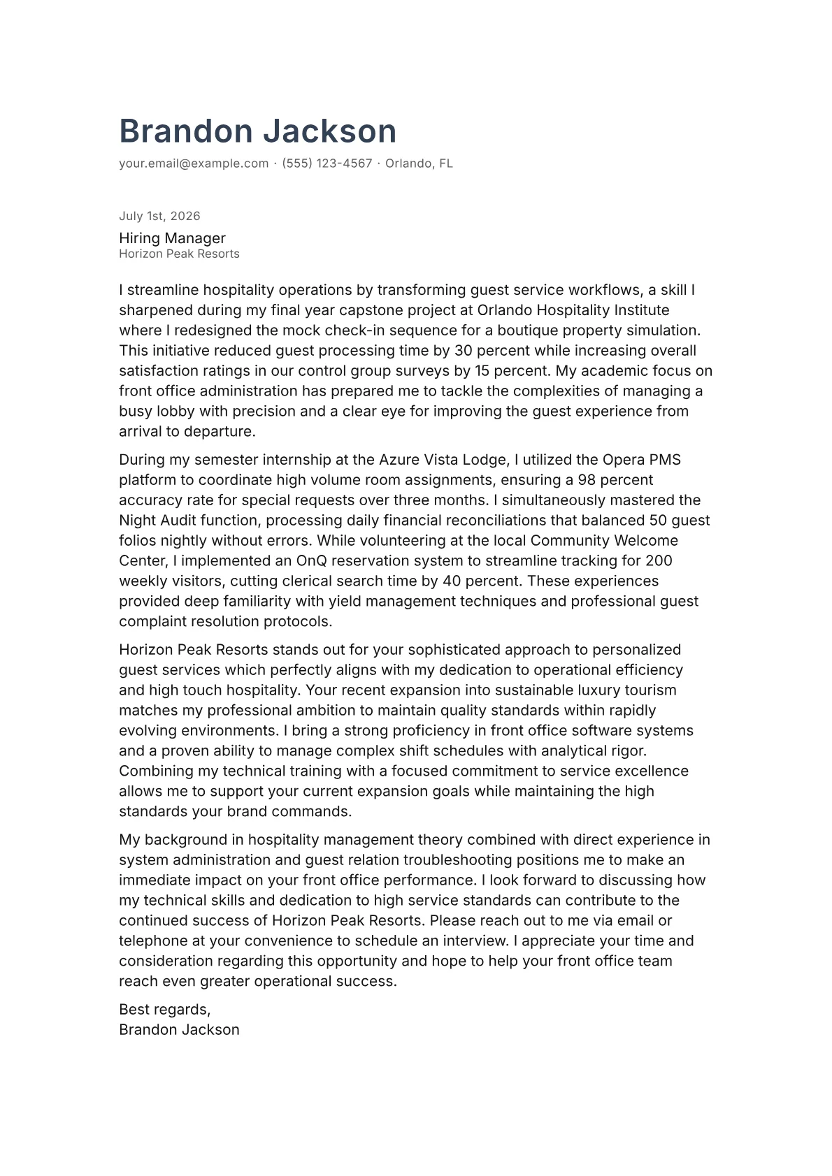 Hotel Front Office Manager cover letter in the Minimal design