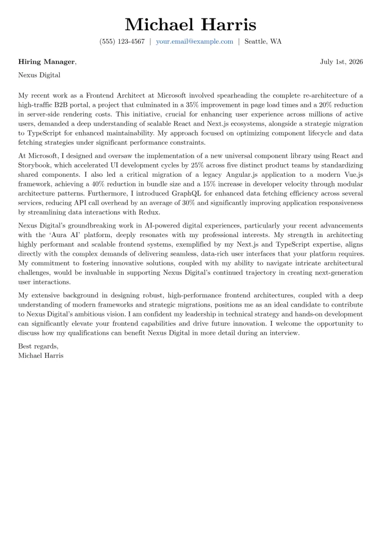 Frontend Architect cover letter example preview