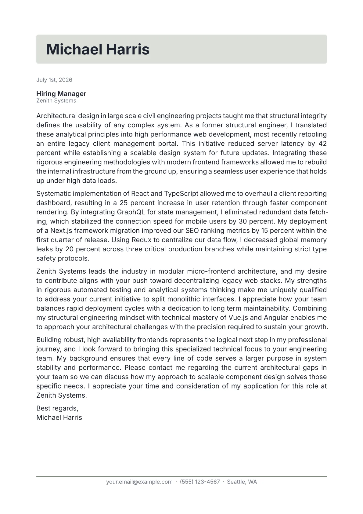 Frontend Architect cover letter in the Letterhead design