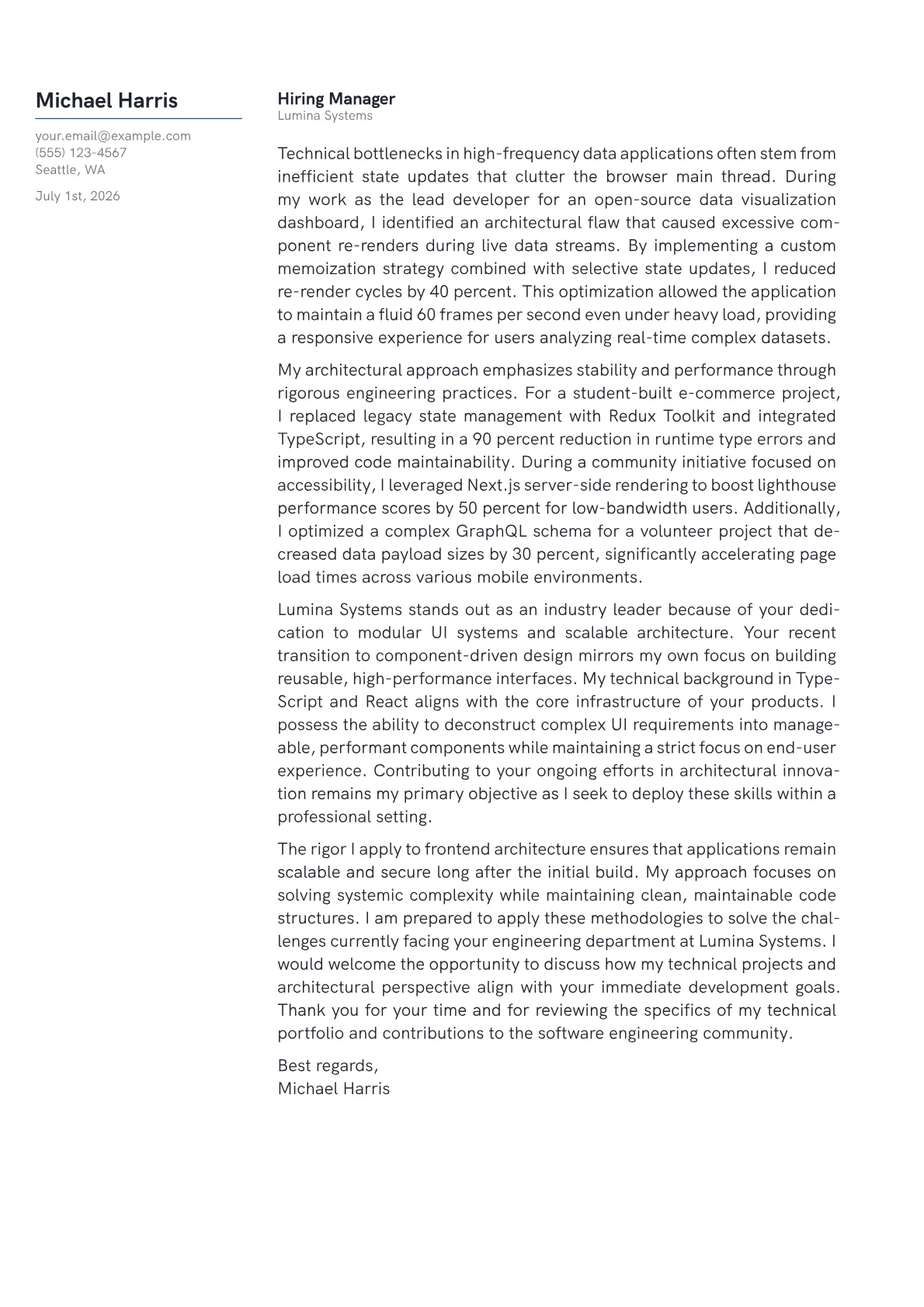 Frontend Architect cover letter in the Margin design