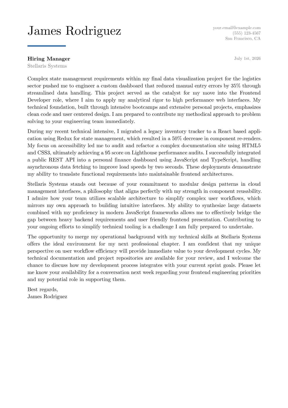 Frontend Developer cover letter in the Executive design