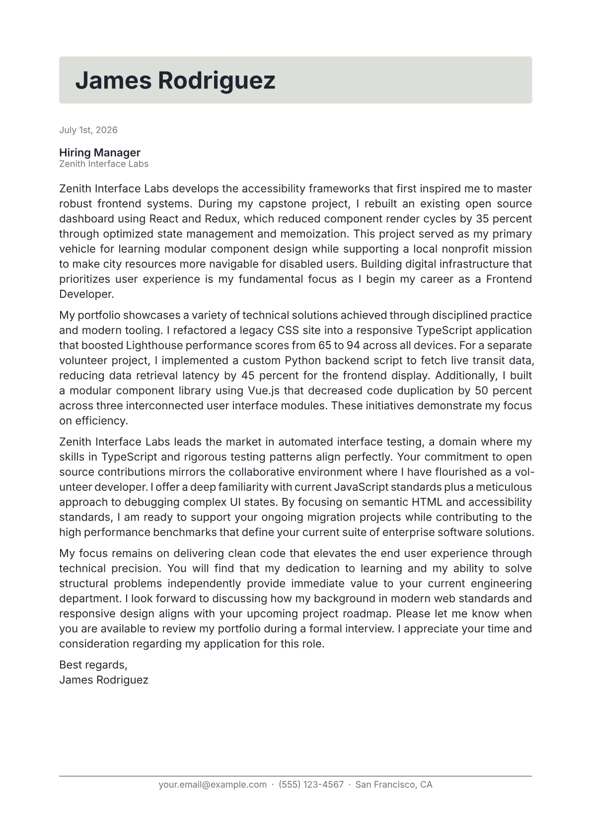 Frontend Developer cover letter in the Letterhead design