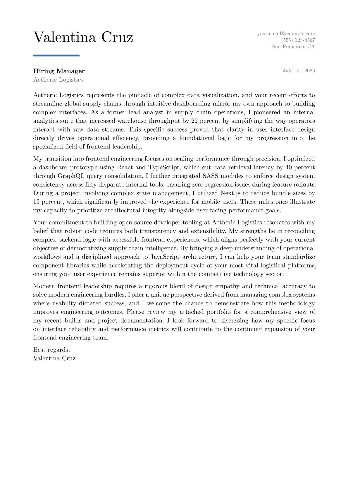 Frontend Lead cover letter in the Executive design