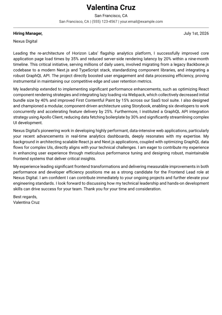 Frontend Lead cover letter example preview