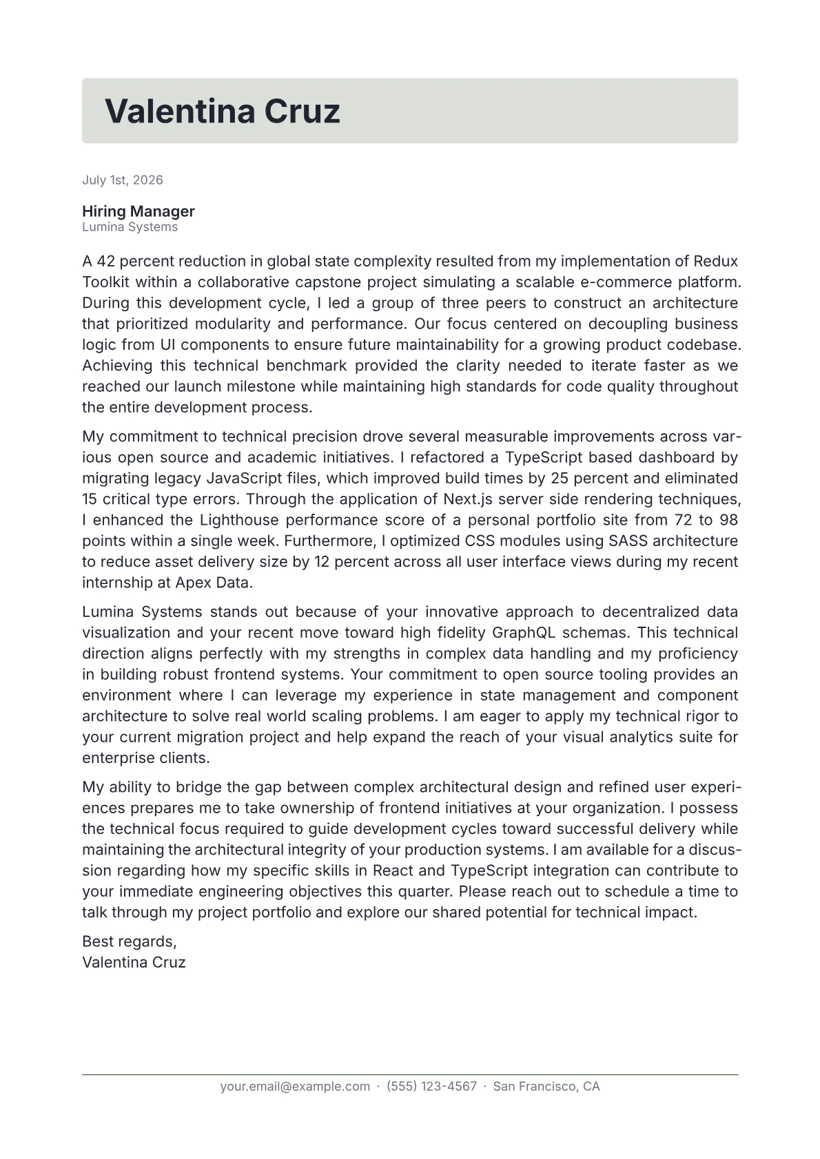 Frontend Lead cover letter in the Letterhead design