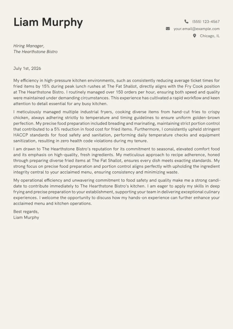 Fry Cook cover letter example preview
