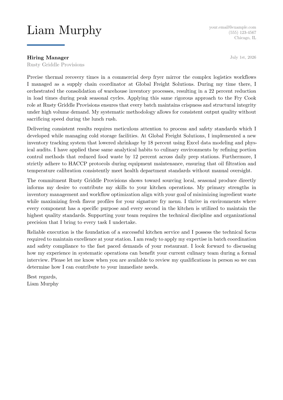 Fry Cook cover letter in the Executive design