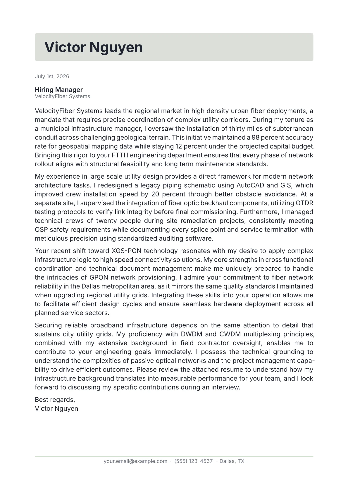 FTTH Engineer cover letter in the Letterhead design