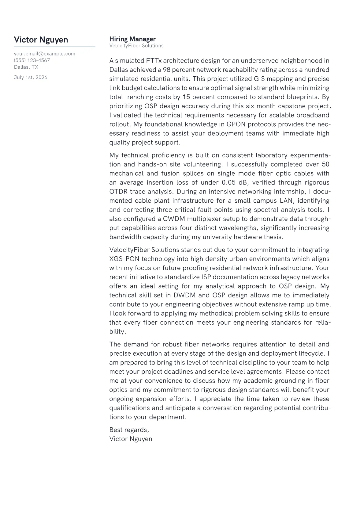 FTTH Engineer cover letter in the Margin design