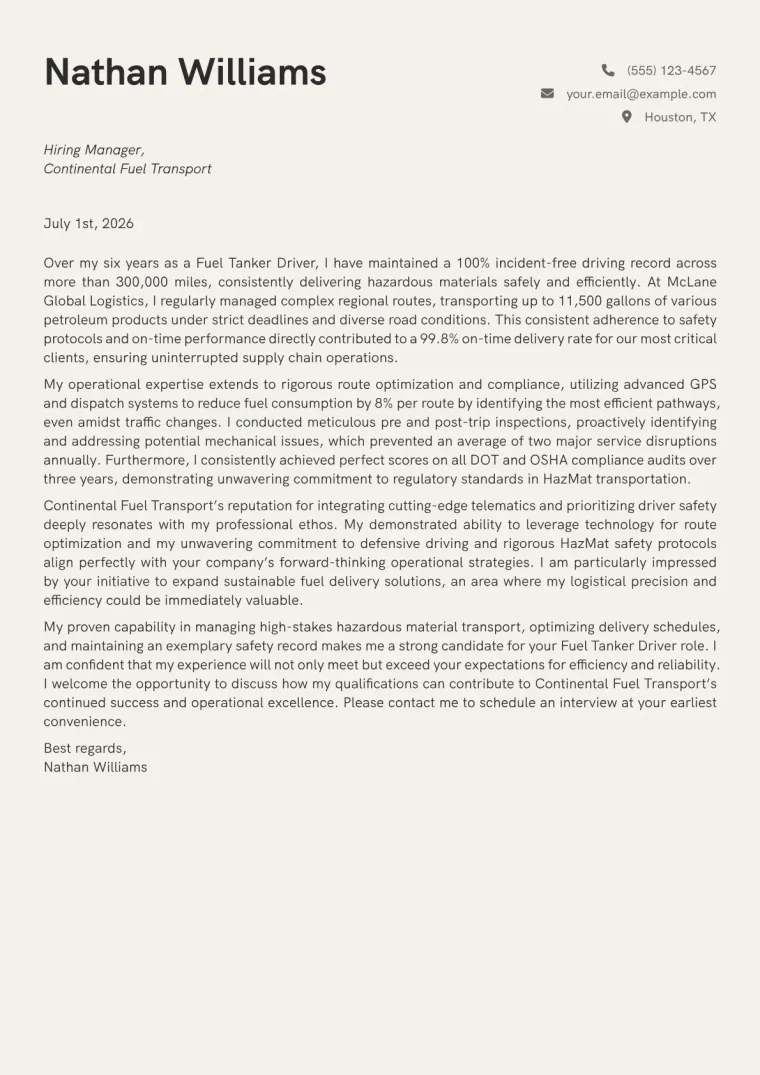 Fuel Tanker Driver cover letter example preview