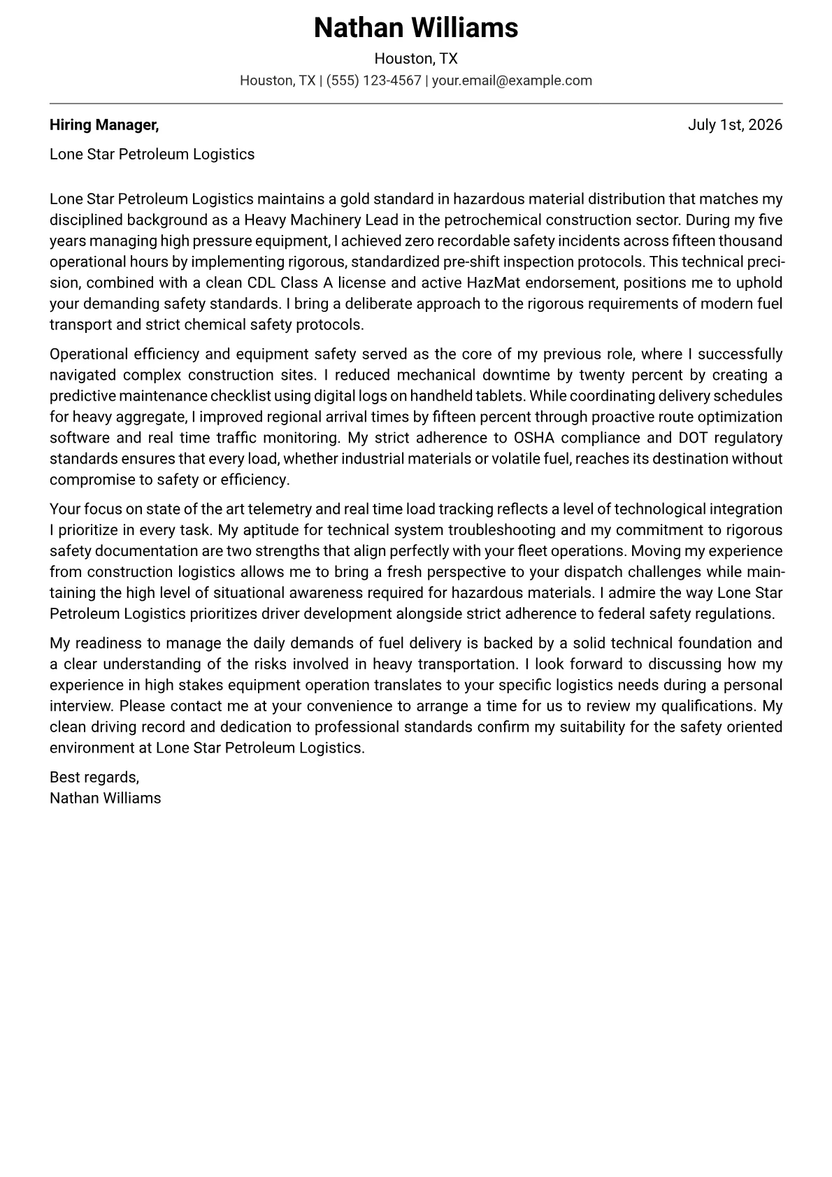 Fuel Tanker Driver cover letter in the Modern design