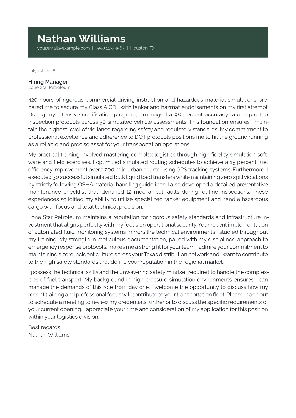 Fuel Tanker Driver cover letter in the Banner design