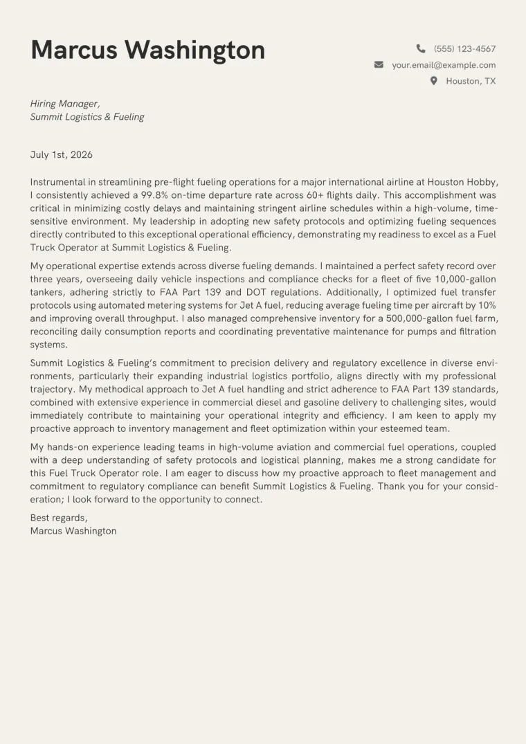 Fuel Truck Operator cover letter example preview