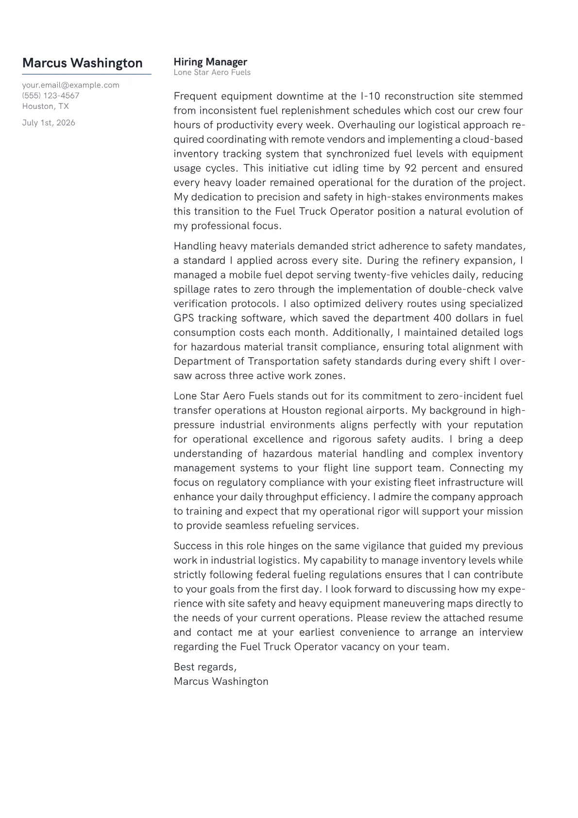 Fuel Truck Operator cover letter in the Margin design