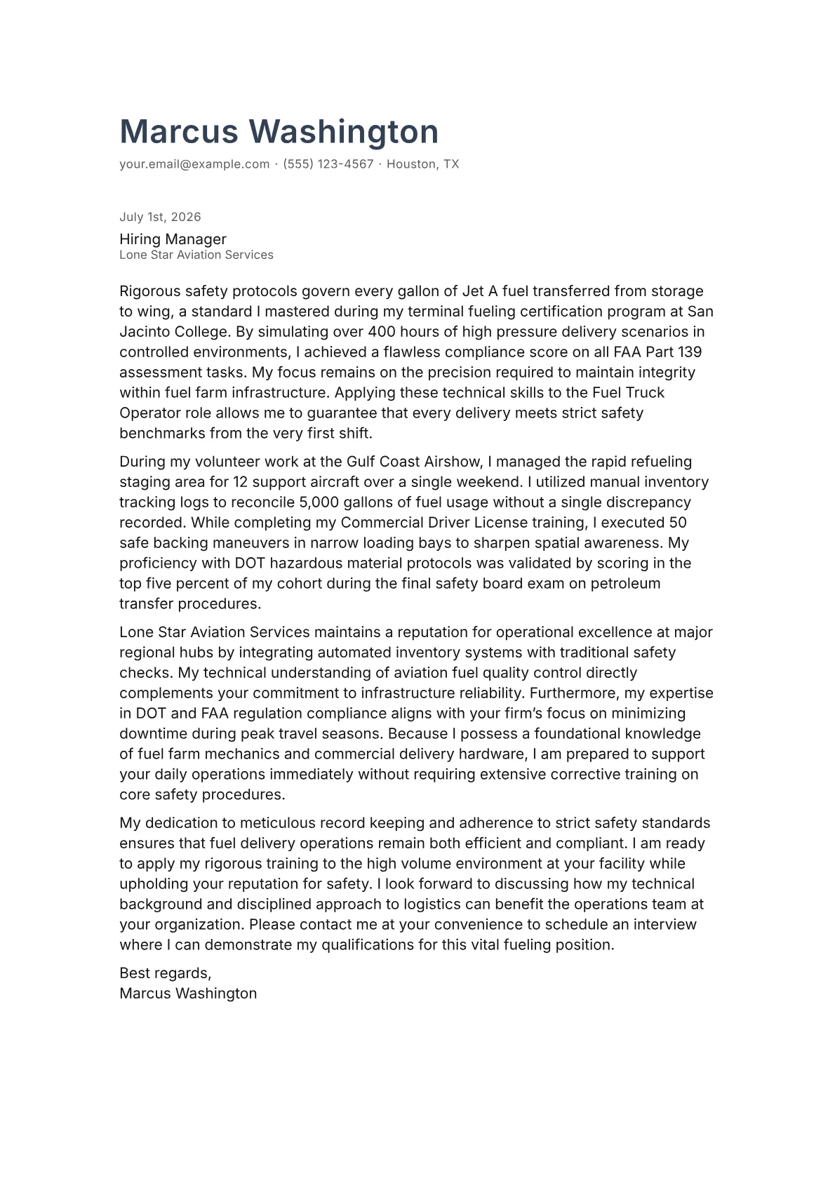 Fuel Truck Operator cover letter in the Minimal design