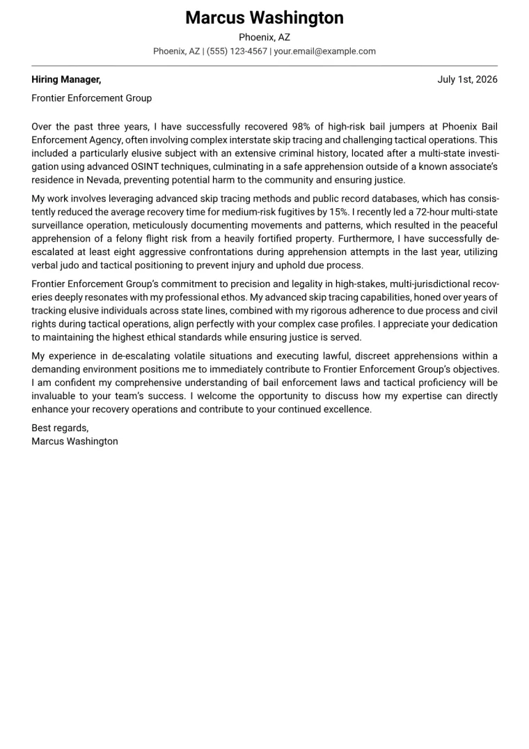 Fugitive Recovery Agent cover letter example preview