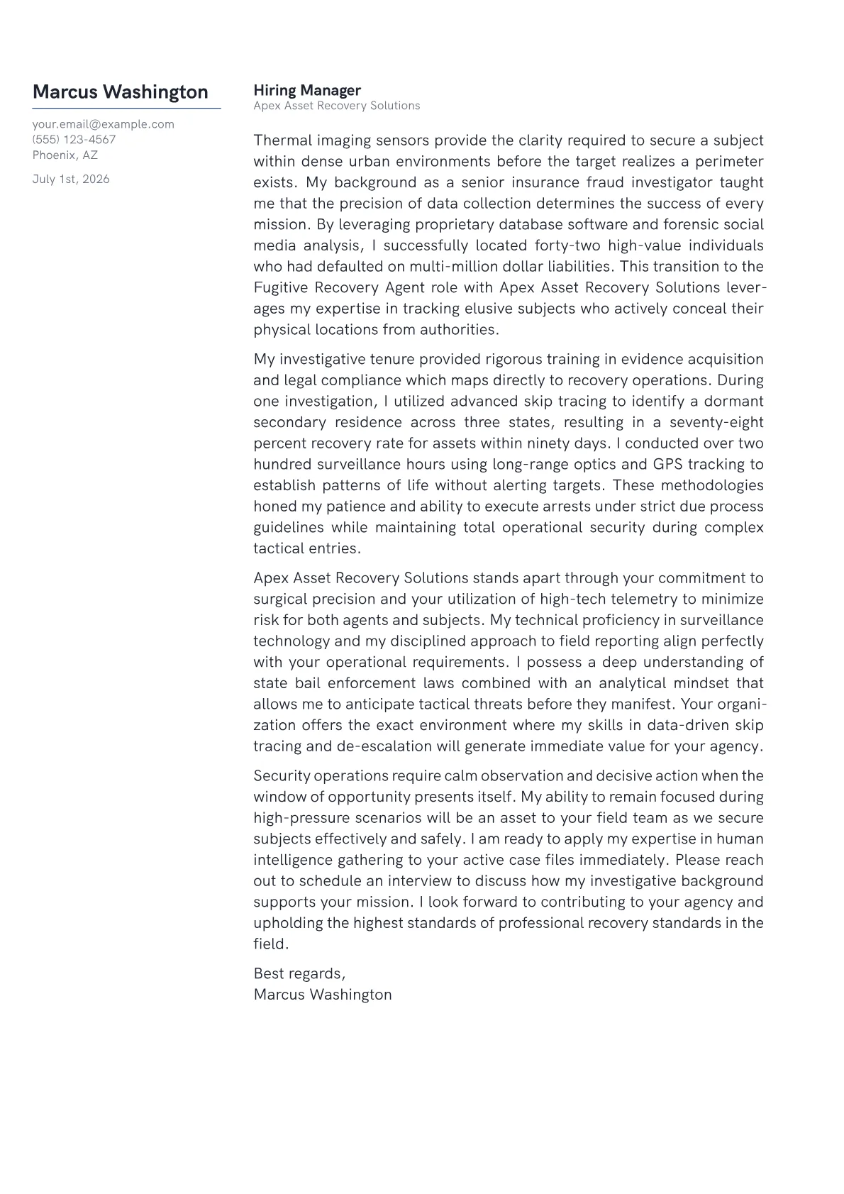 Fugitive Recovery Agent cover letter in the Margin design
