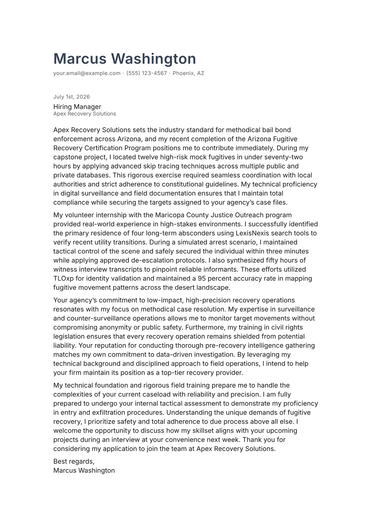 Fugitive Recovery Agent cover letter in the Minimal design