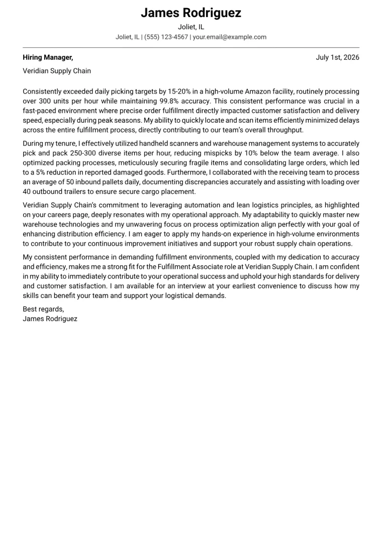 Fulfillment Associate cover letter example preview