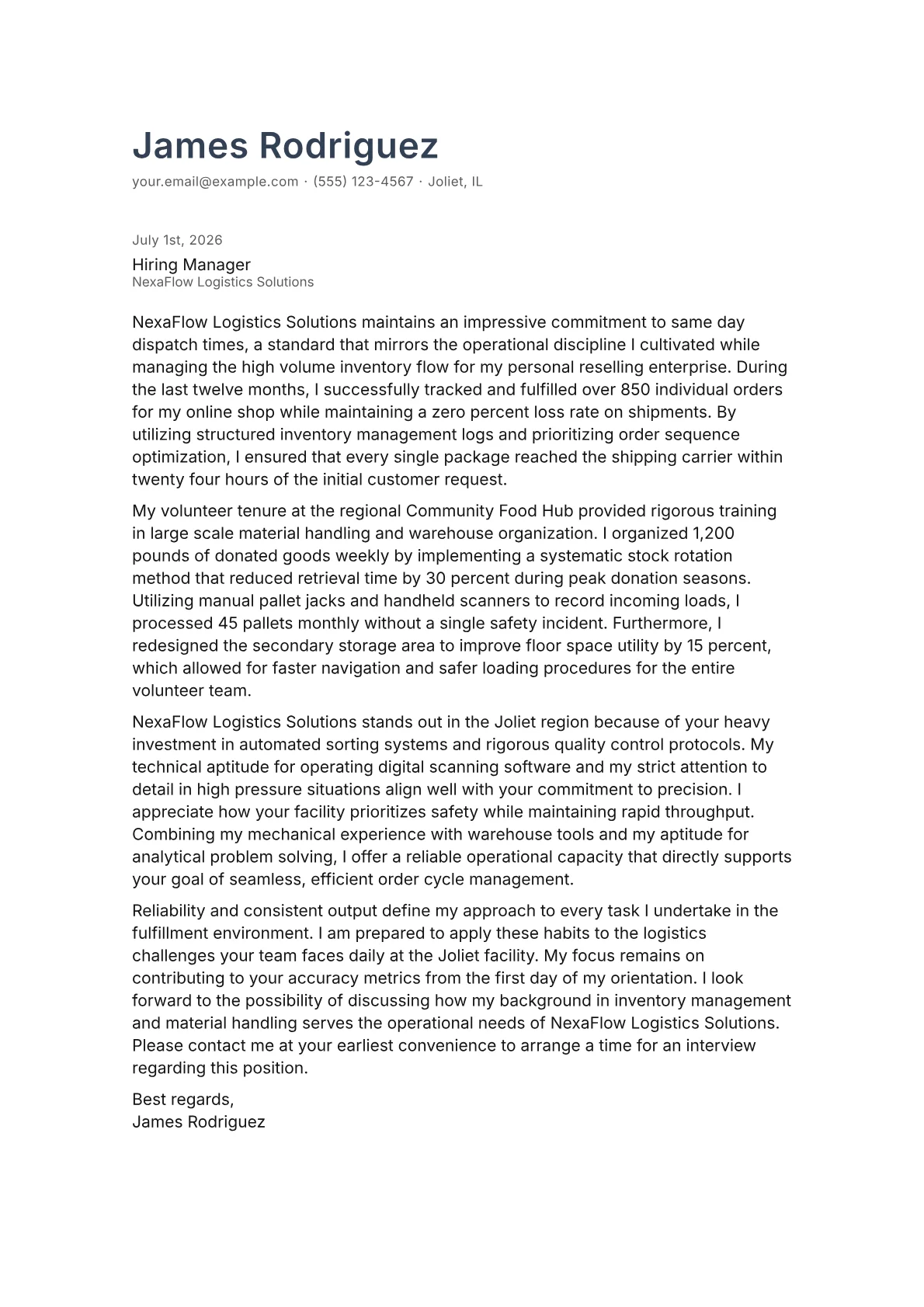 Fulfillment Associate cover letter in the Minimal design