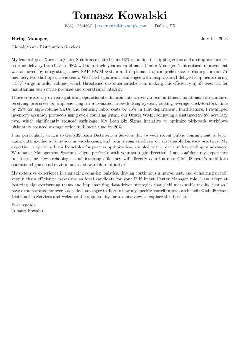Fulfillment Center Manager cover letter example preview