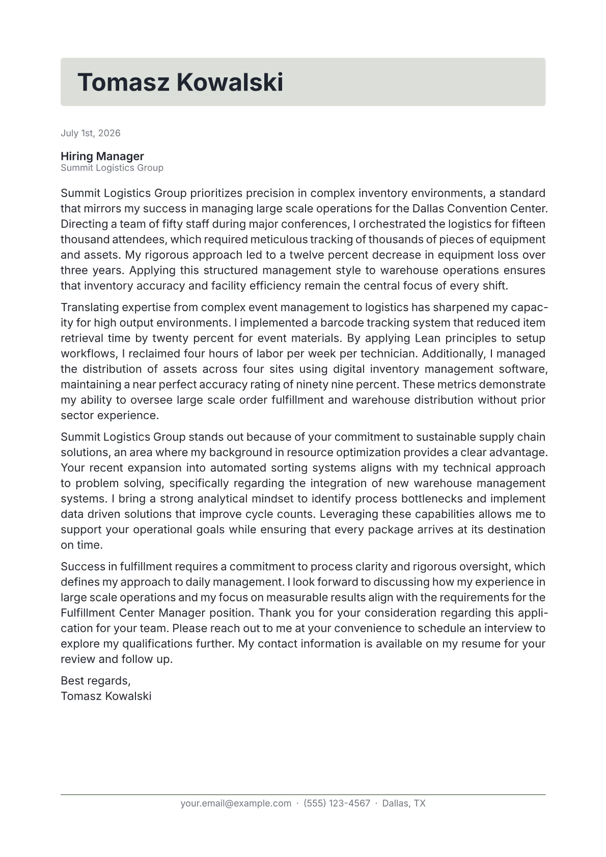 Fulfillment Center Manager cover letter in the Letterhead design