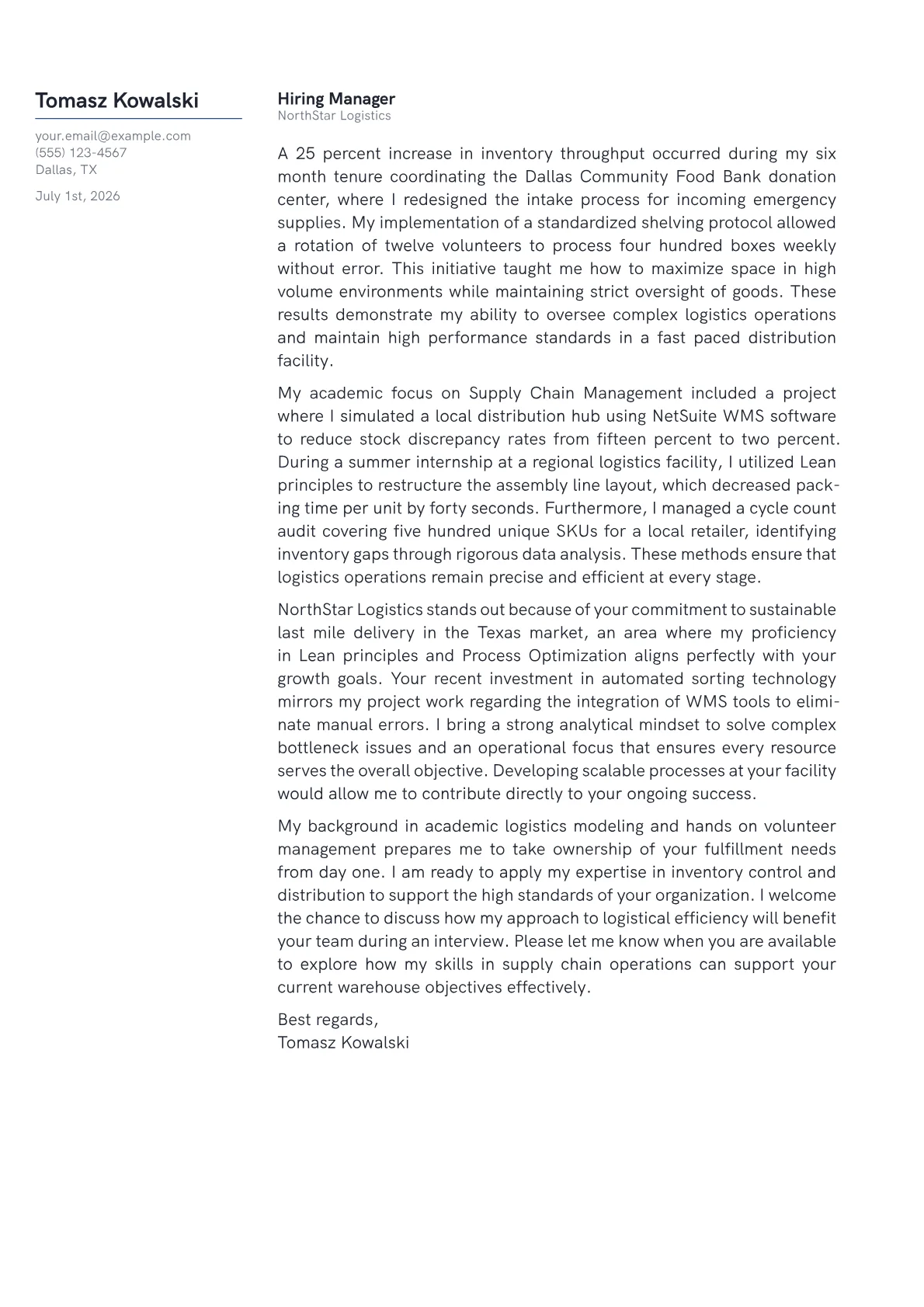 Fulfillment Center Manager cover letter in the Margin design