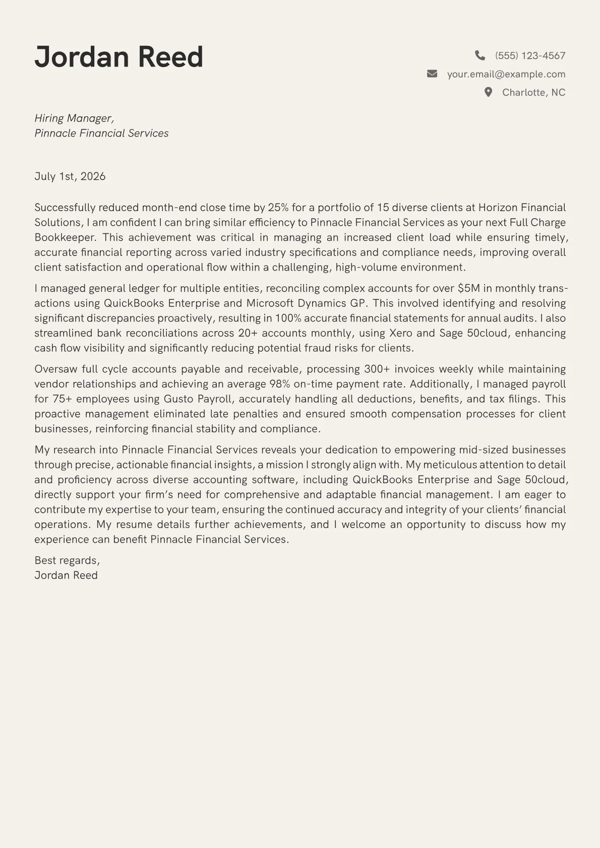 Full Charge Bookkeeper cover letter formatted with a JobSprout template