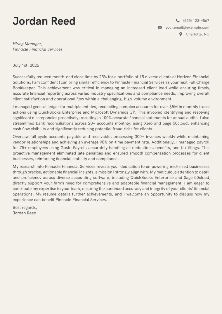 Full Charge Bookkeeper cover letter example preview