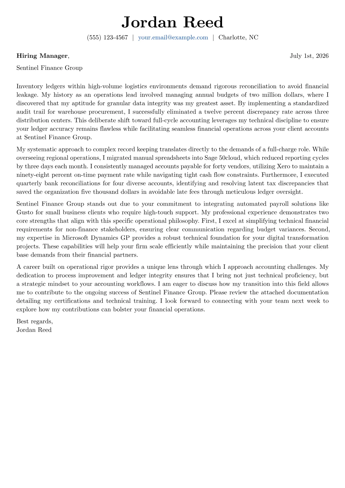 Full Charge Bookkeeper cover letter in the Basic design