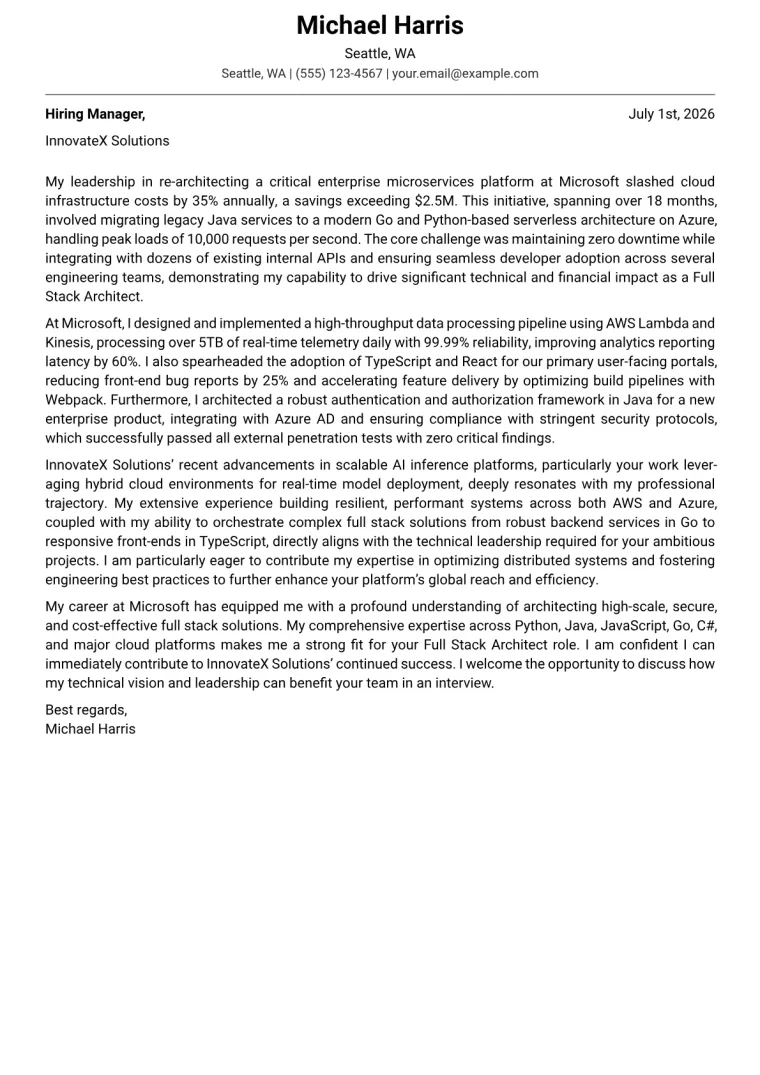 Full Stack Architect cover letter example preview