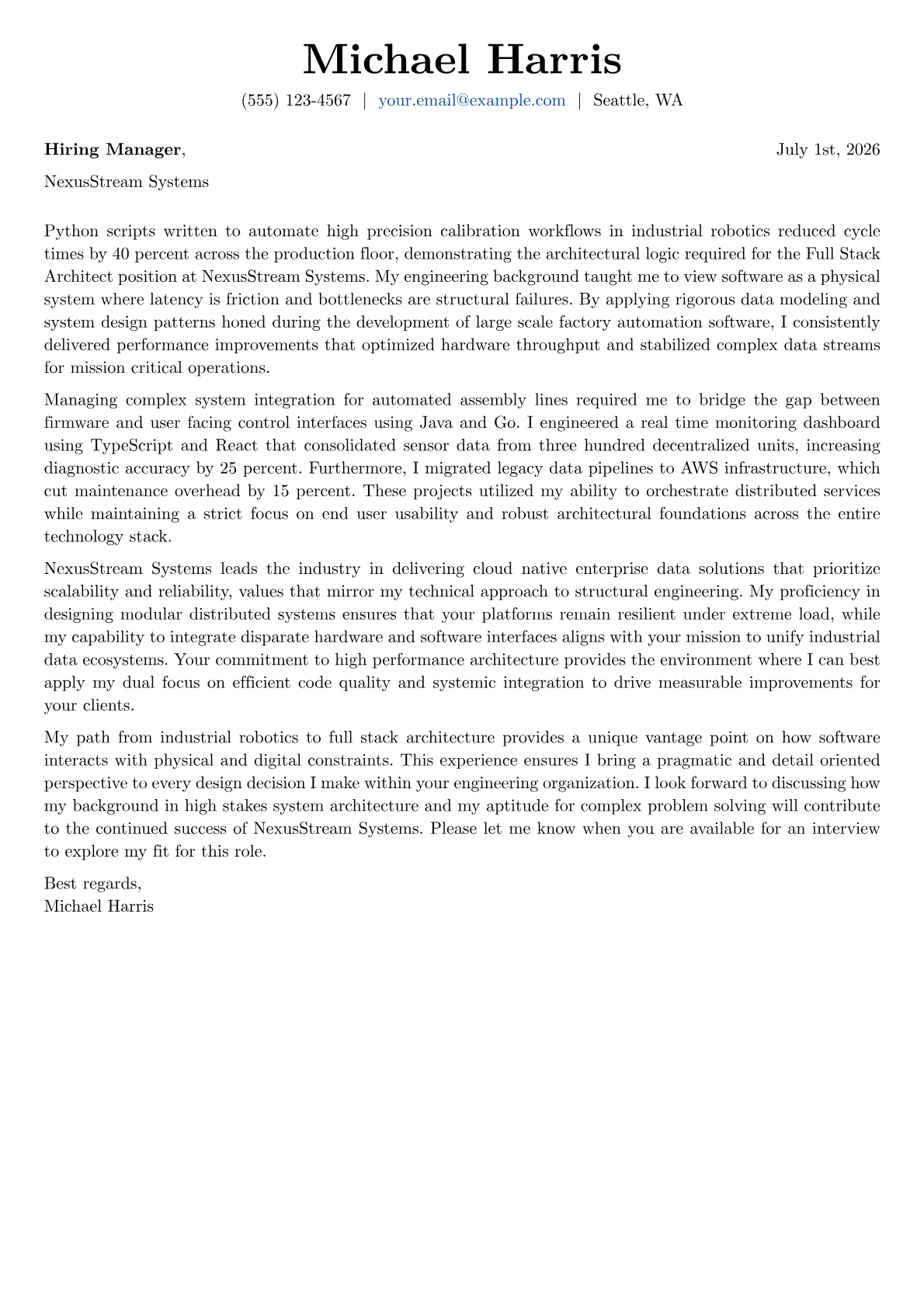 Full Stack Architect cover letter in the Basic design