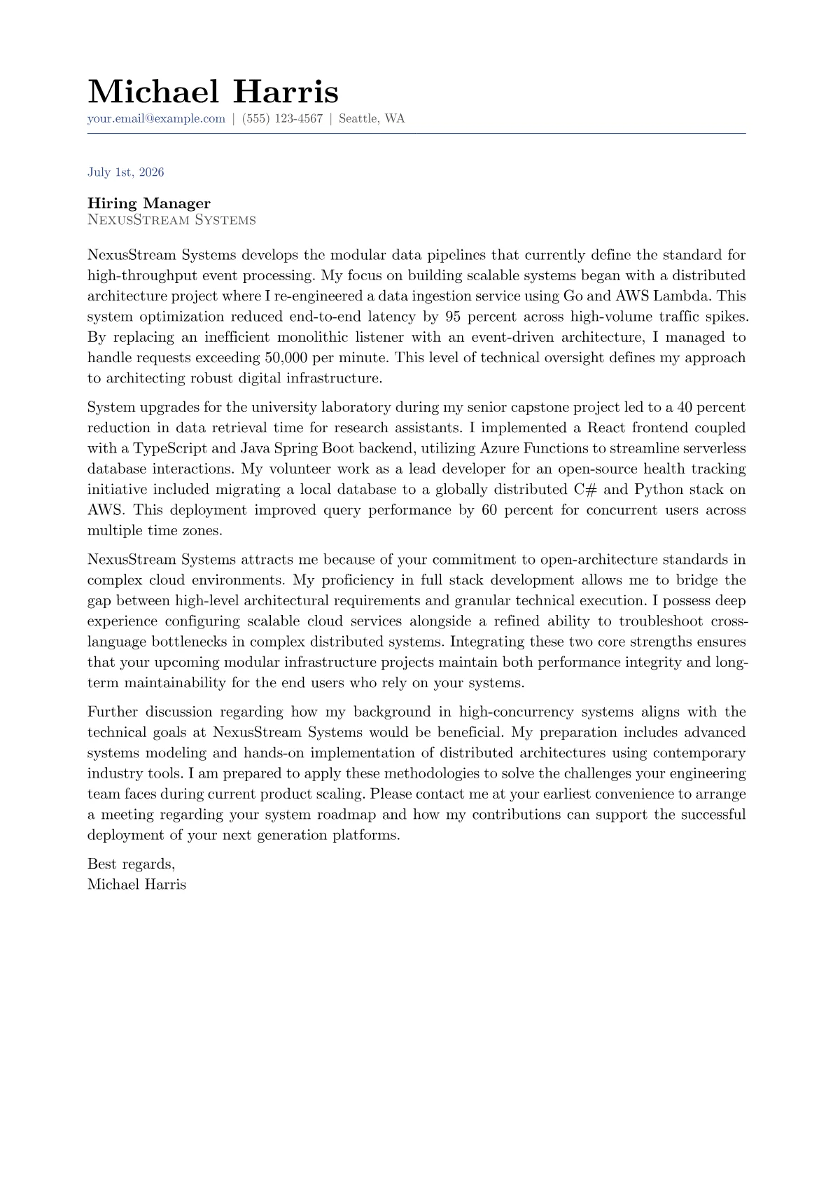 Full Stack Architect cover letter in the Classic design