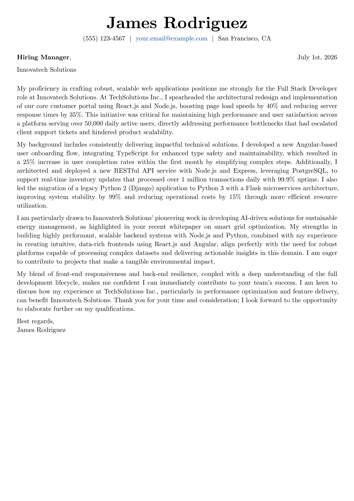 Full Stack Developer cover letter formatted with a JobSprout template
